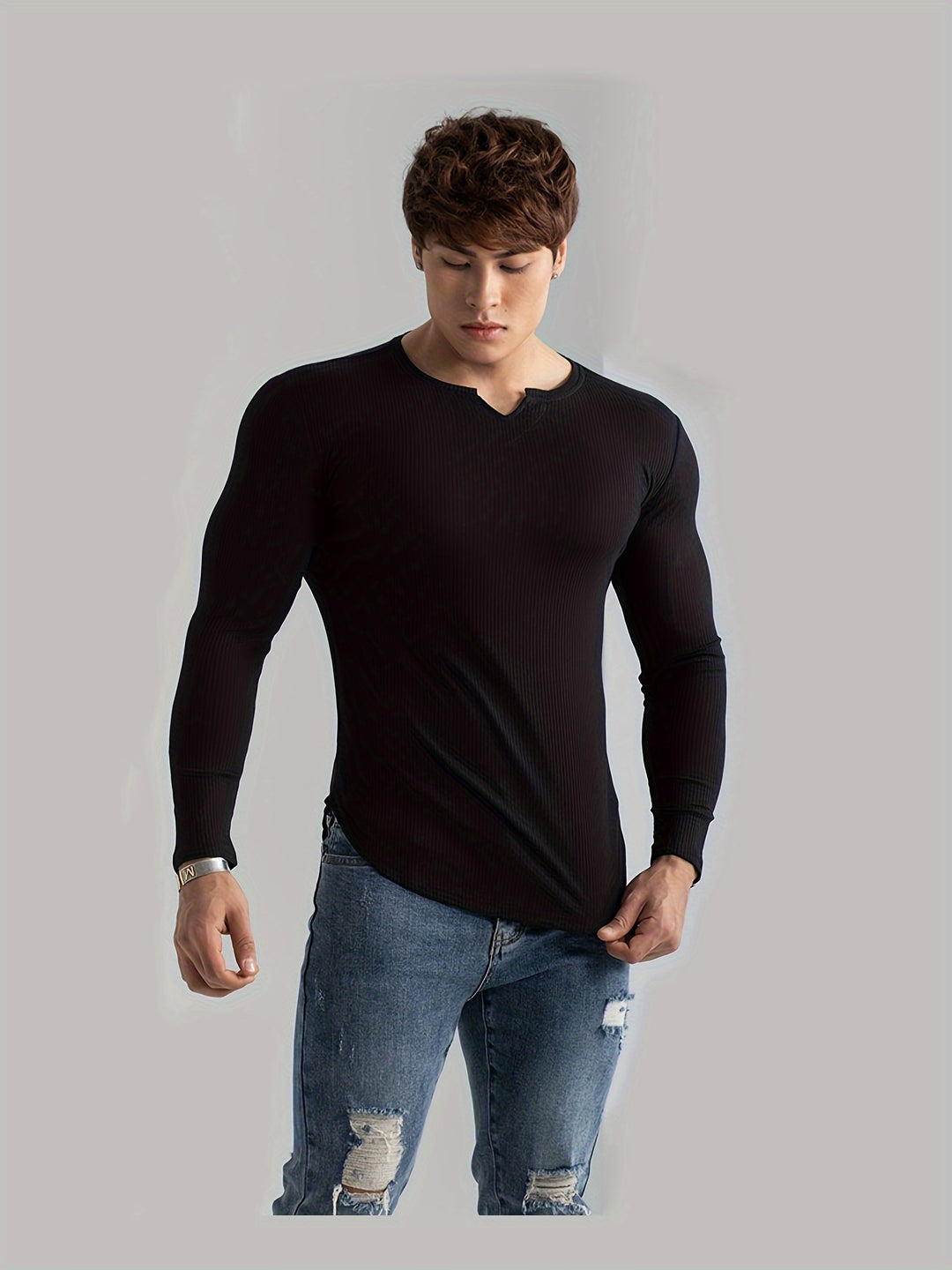Herren-T-Shirt | V-Ausschnitt und lange Ärmel | Hohe Dehnbarkeit und Komfort | Lässig
